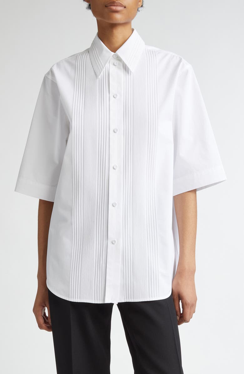 Jil Sander Pintuck Short Sleeve Cotton Button-Up Shirt, Main, color,