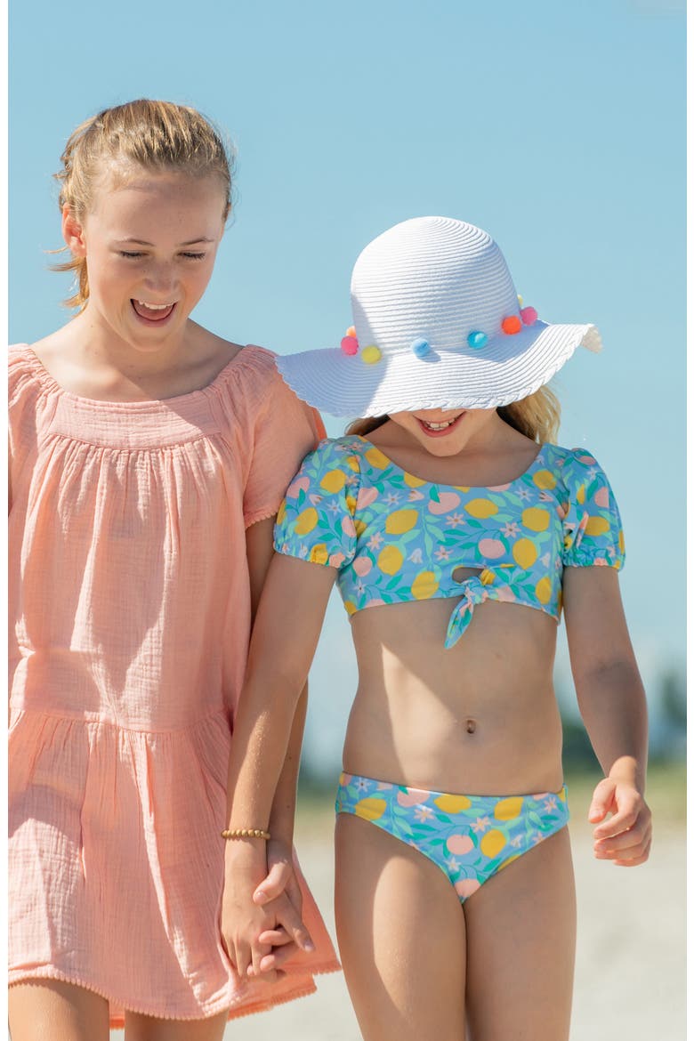 Kids' Lemon Drops Puff Sleeve Knot Front Two-Piece Swimsuit, Alternate, color, BLUE MULTI