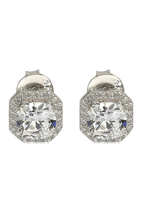 Sterling Silver White CZ Cushion-Cut Halo Stud Earrings