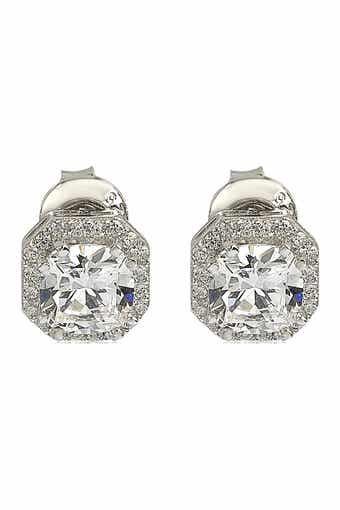 SUZY LEVIAN Sterling Silver White CZ Cushion-Cut Halo Stud Earrings