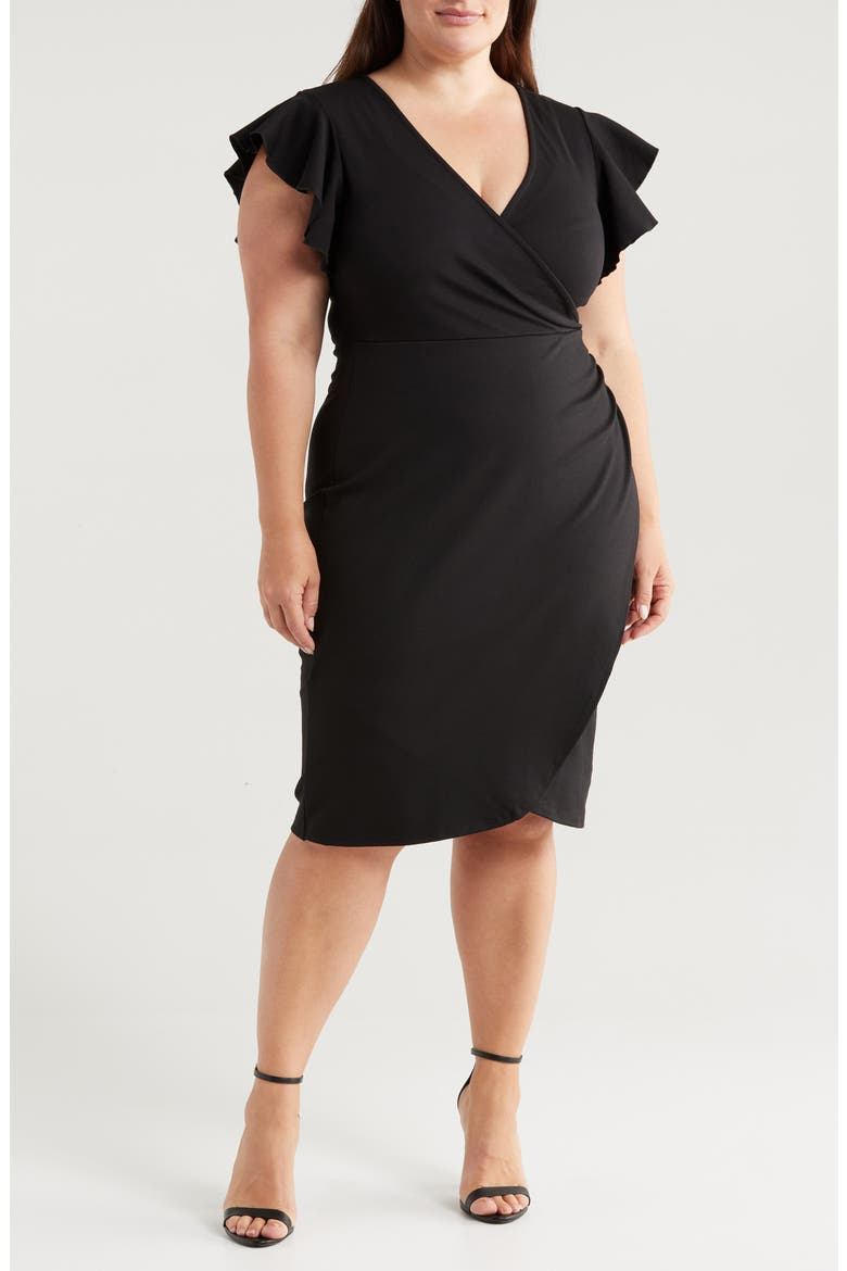 Ruffle Sleeve Stretch Faux Wrap Dress, Main, color, BLACK