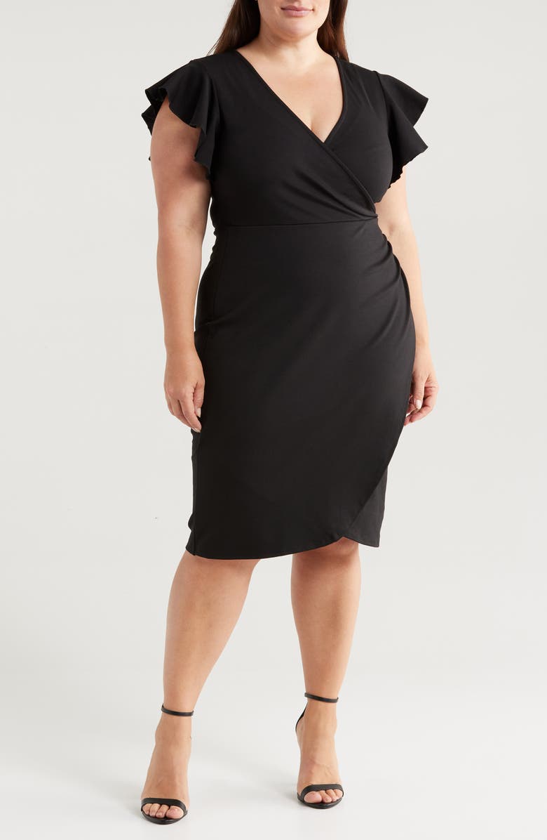 24seven Comfort Apparel Ruffle Sleeve Stretch Faux Wrap Dress, Main, color, Black