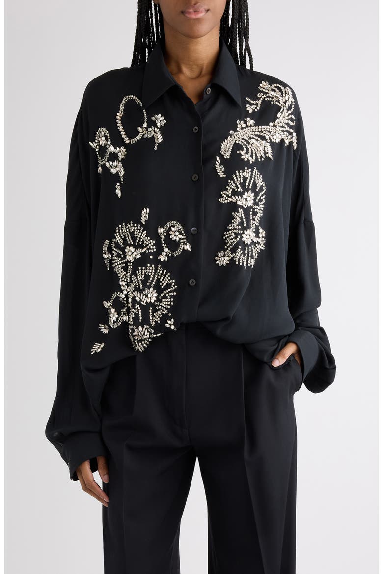 Casia Crystal Embellished Lightweight Button-Up Shirt, Main, color, BLACK