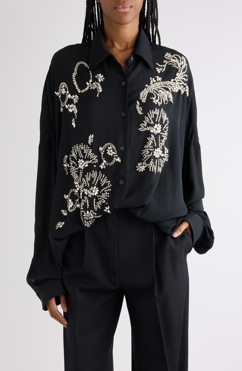 Dries Van Noten Casia Crystal Embellished Lightweight Button-Up Shirt, Main, color, Black