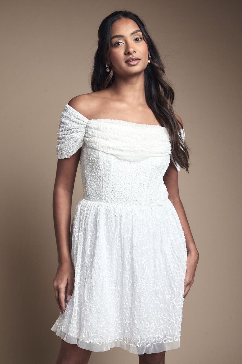 Bardot Embellished Bridal Mini Dress, Alternate, color, Ivory