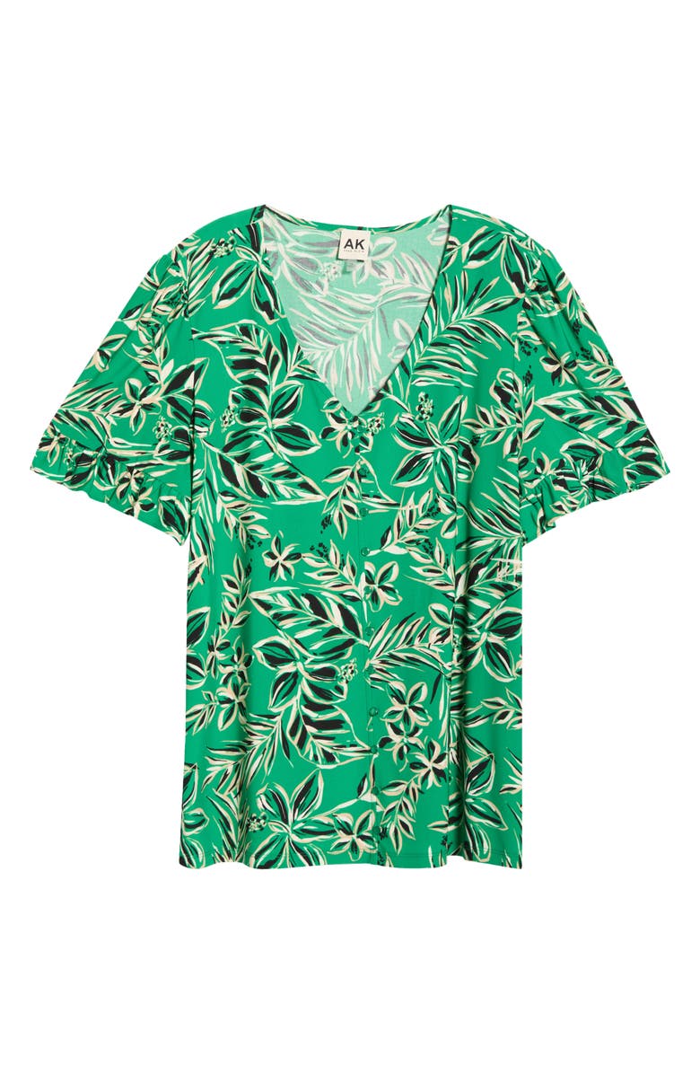 AK ANNE KLEIN Tropical Floral V-Neck Button-Up Knit Top, Alternate, color, Tropical Green Multi