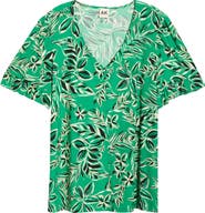 AK ANNE KLEIN Tropical Floral V-Neck Button-Up Knit Top