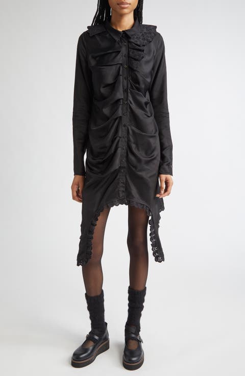 Pleated Long Sleeve Satin Shirtdress