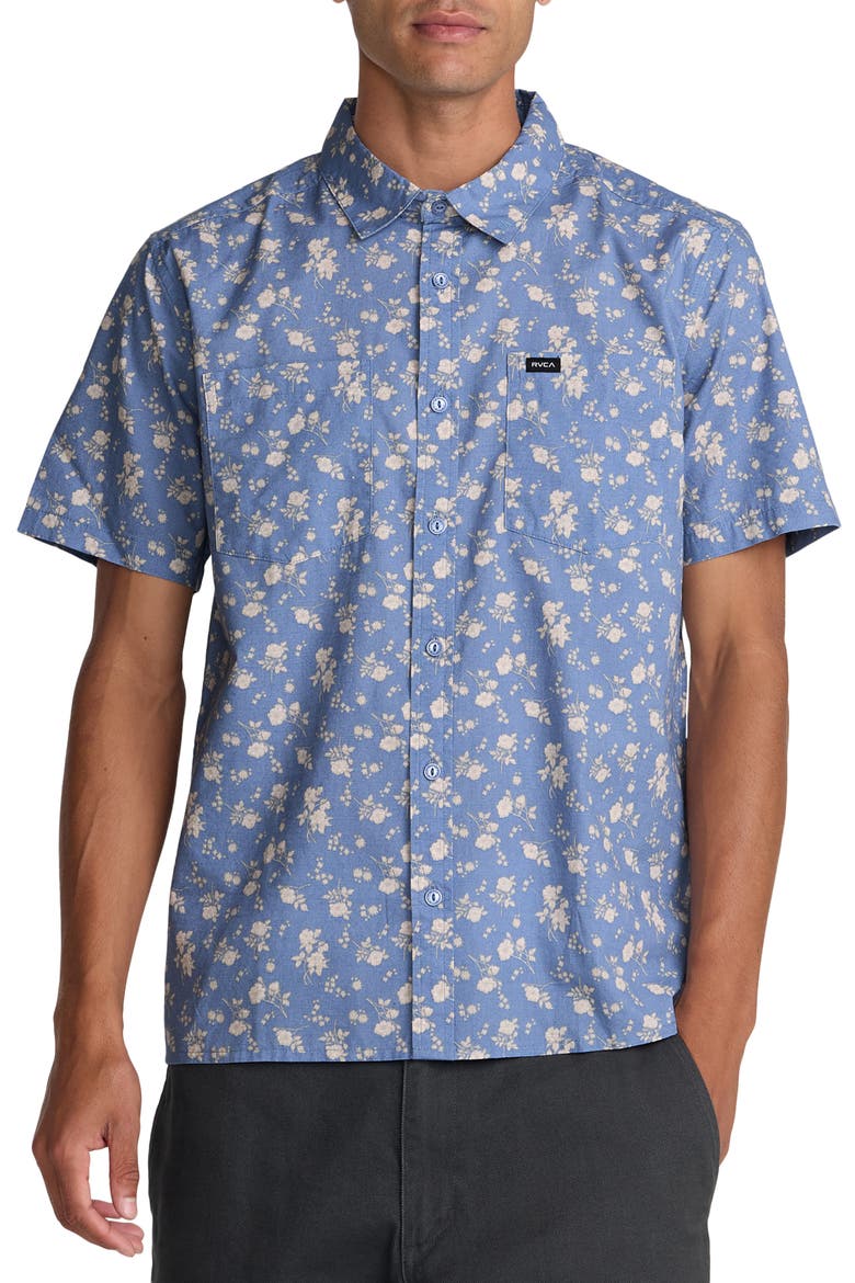 Breezy Floral Short Sleeve Button-Up Shirt, Main, color, VINTAGE BLUE