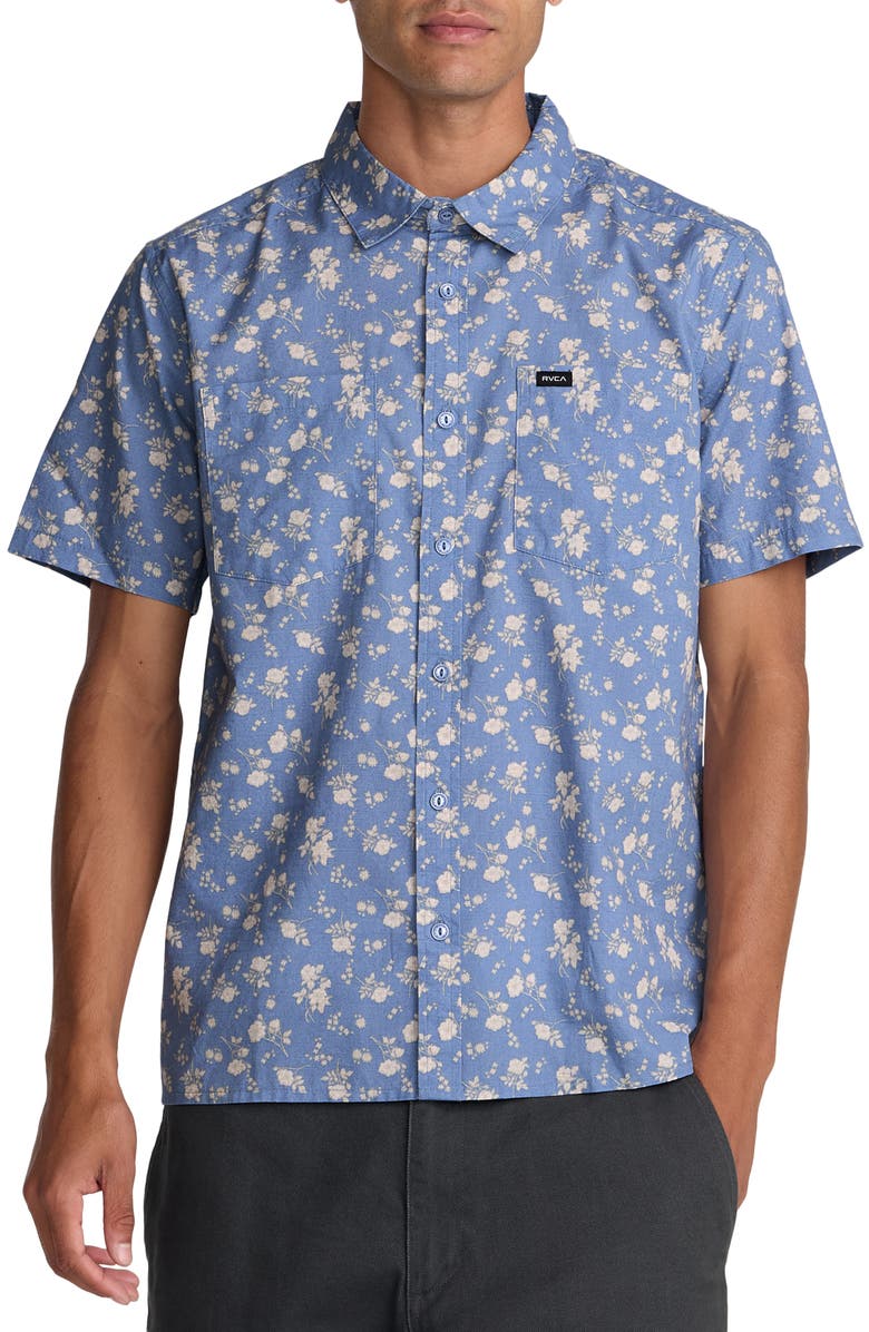 RVCA Breezy Floral Short Sleeve Button-Up Shirt, Main, color, Vintage Blue