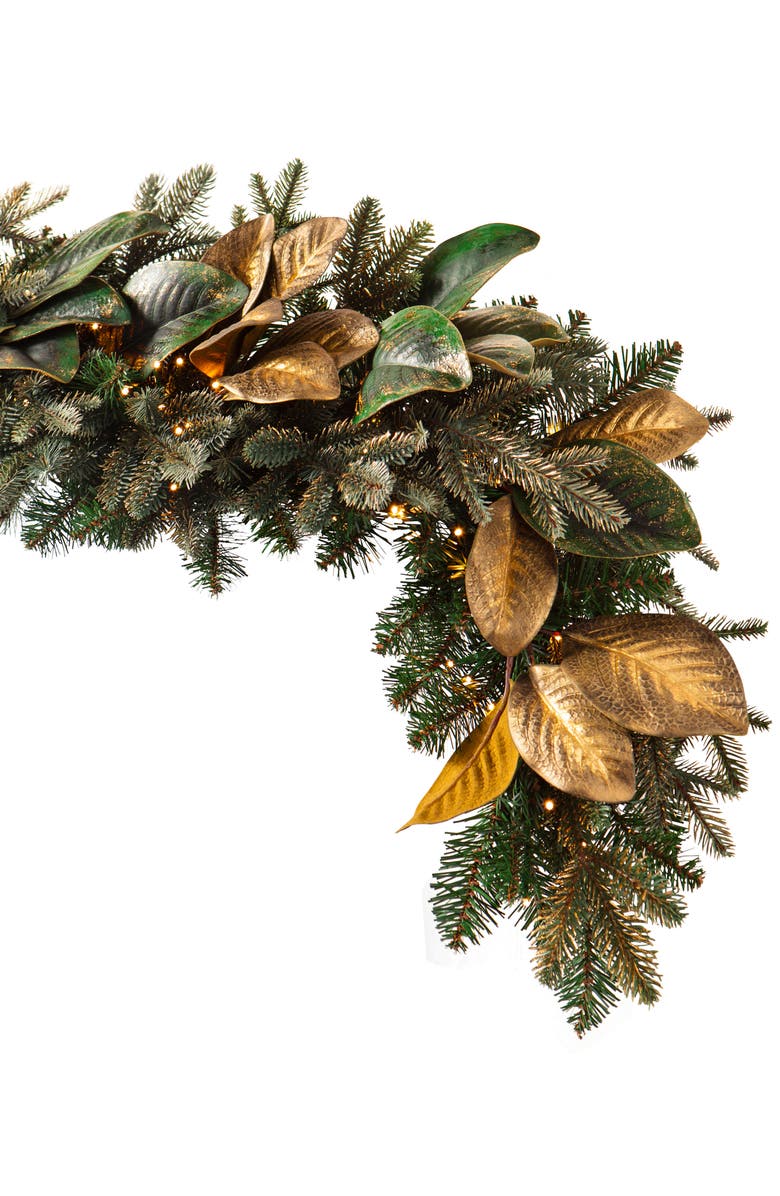 Balsam Hill Gilded Leaf Magnolia Pre Lit Artificial Garland, Main, color,