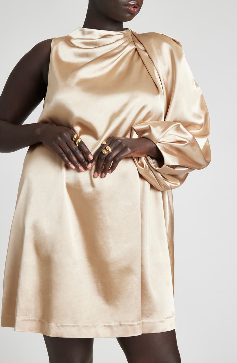 ELOQUII Pleated Shoulder Long Sleeve Satin Shift Dress, Alternate, color, 