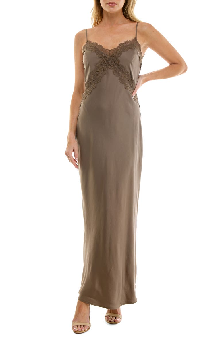 Bias Cut Lace Trim Satin Slipdress, Main, color, MOCHA