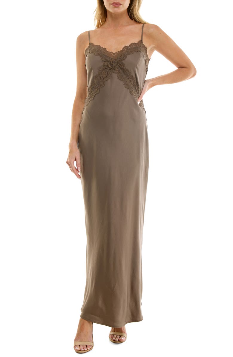 Socialite Bias Cut Lace Trim Satin Slipdress, Main, color, Mocha