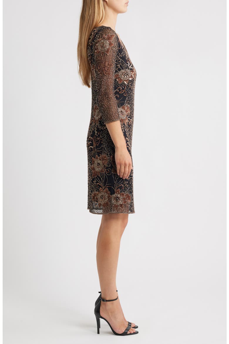 Beaded V-Neck Cocktail Dress, Alternate, color, BLACK/ COPPER