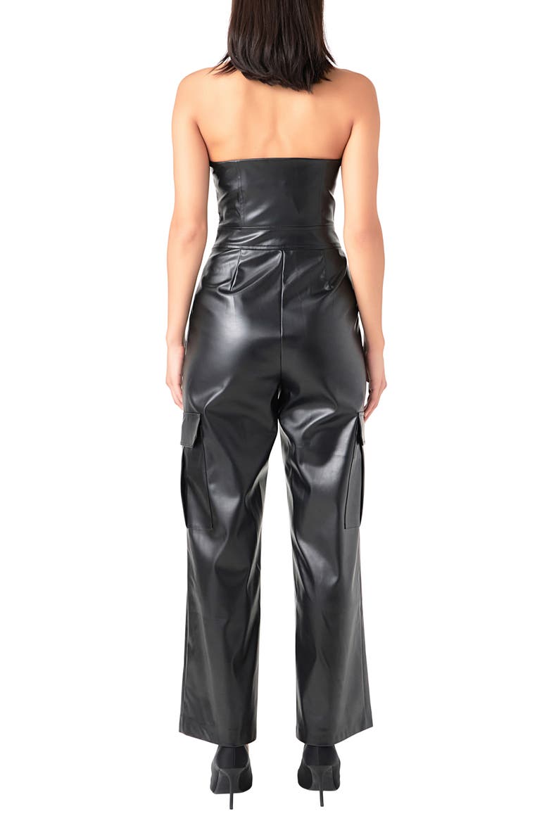 Faux Leather Strapless Cargo Jumpsuit, Alternate, color, BLACK