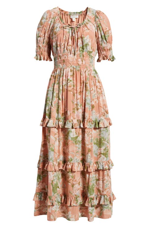 Smock Waist Ruffle Trim Tiered Maxi Dress