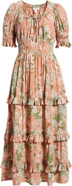 Treasure & Bond Smock Waist Ruffle Trim Tiered Maxi Dress