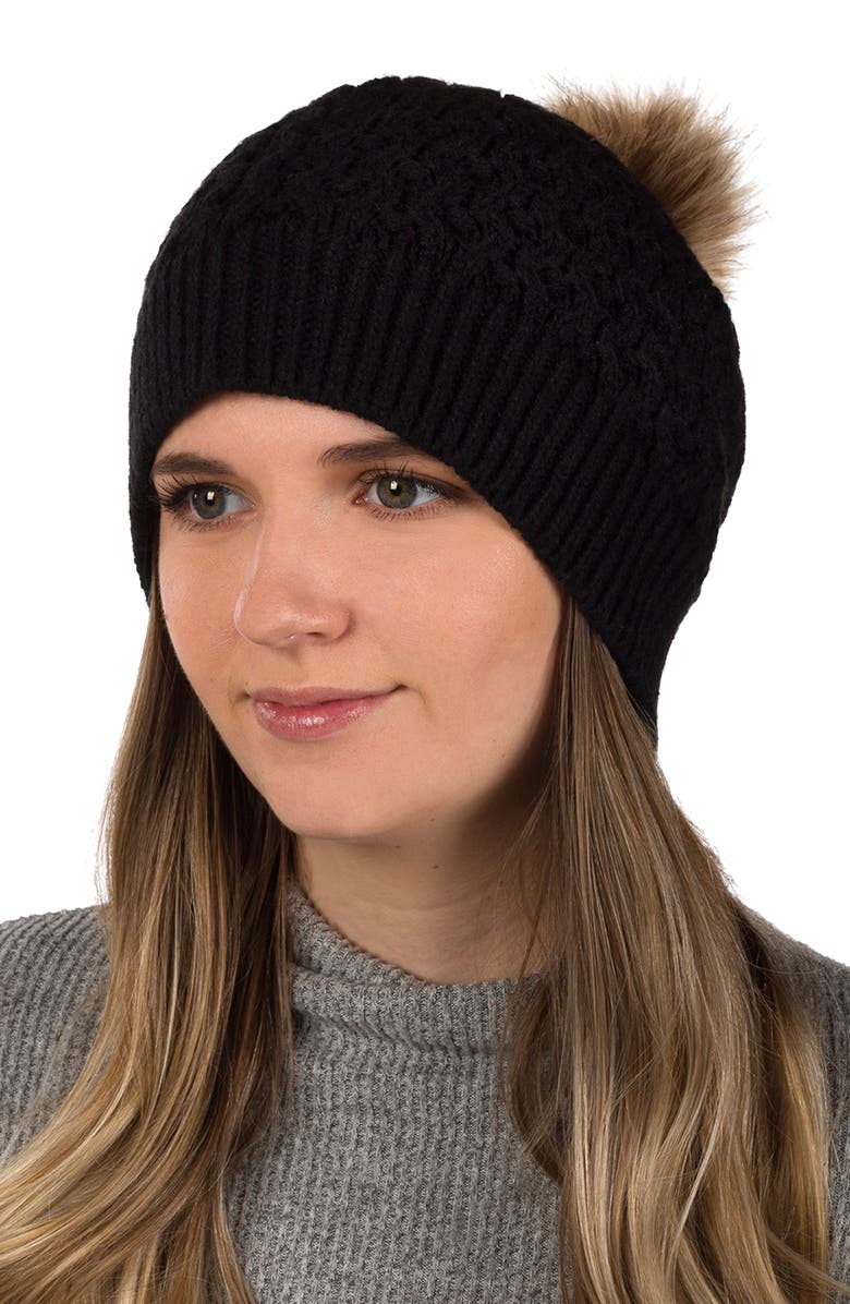 Patricia Nash Faux Fur Pompom Beanie, Main, color, Blck