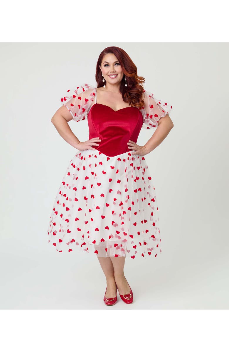 Unique Vintage Plus Size Loving You Swing Dress, Main, color, White W/ Red Hearts