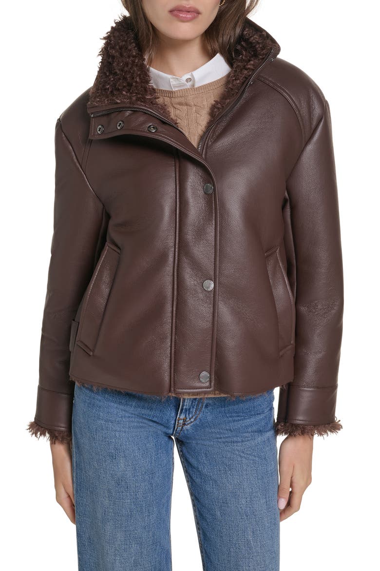 Faux Leather Cropped Jacket with Faux Shearling Lining, Main, color, BROWN