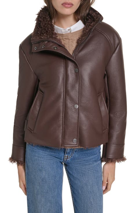Faux Leather Cropped Jacket with Faux Shearling Lining