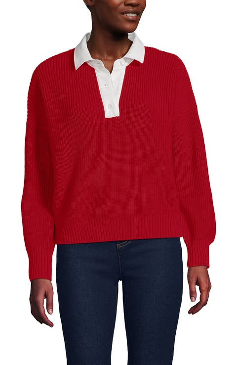 Lands' End Drifter Rugby with Woven Collar Sweater