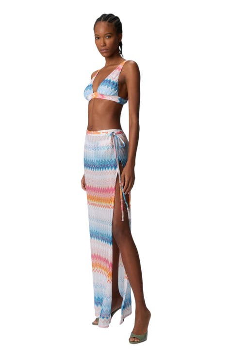 Long Skirt In Zig Zag Lamé Viscose Blend With Drawstring