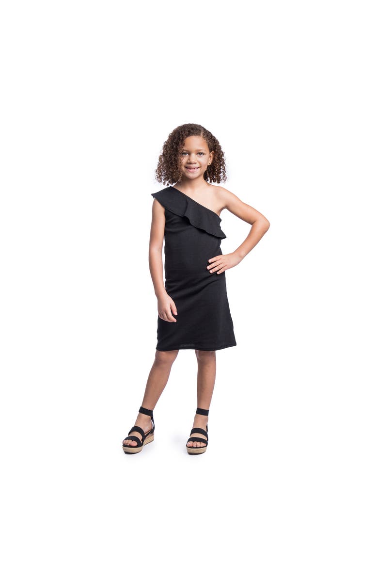 24sevenKid Solid Color One Shoulder Ruffle Knee Length Dress, Main, color, Black