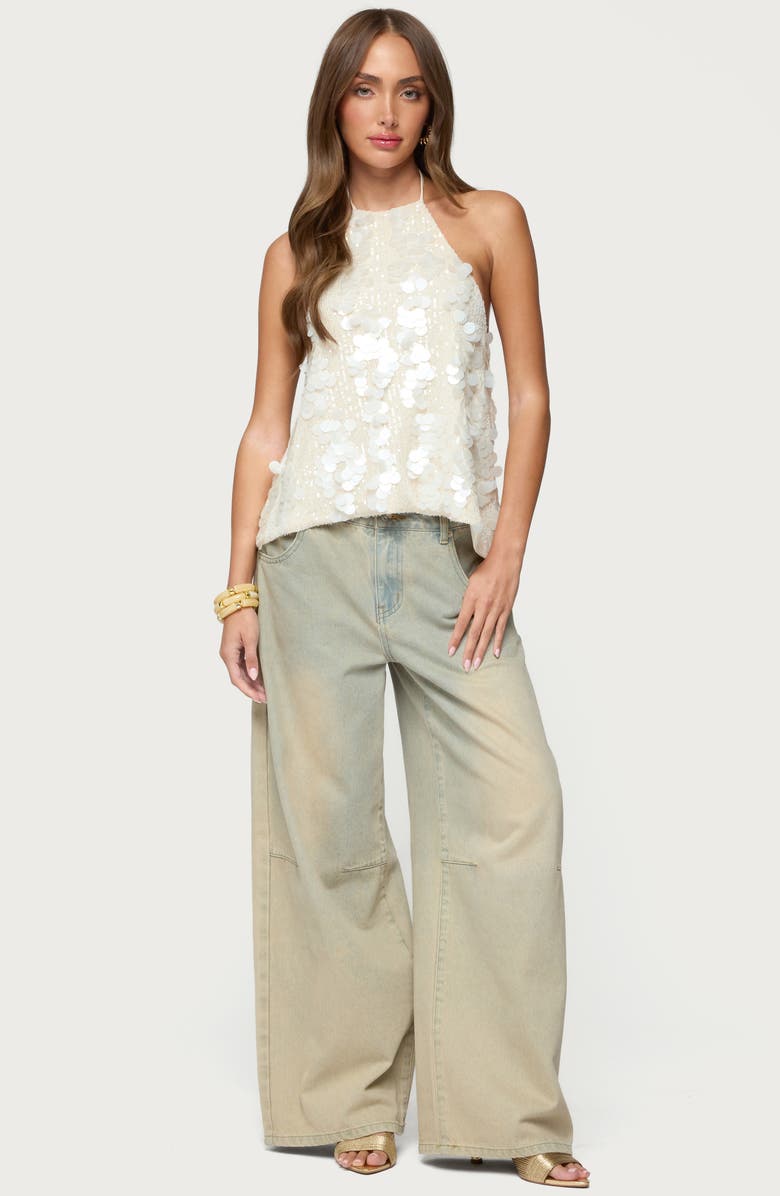 EDIKTED Ellorie Sequin Open Back Halter Top, Alternate, color, Cream