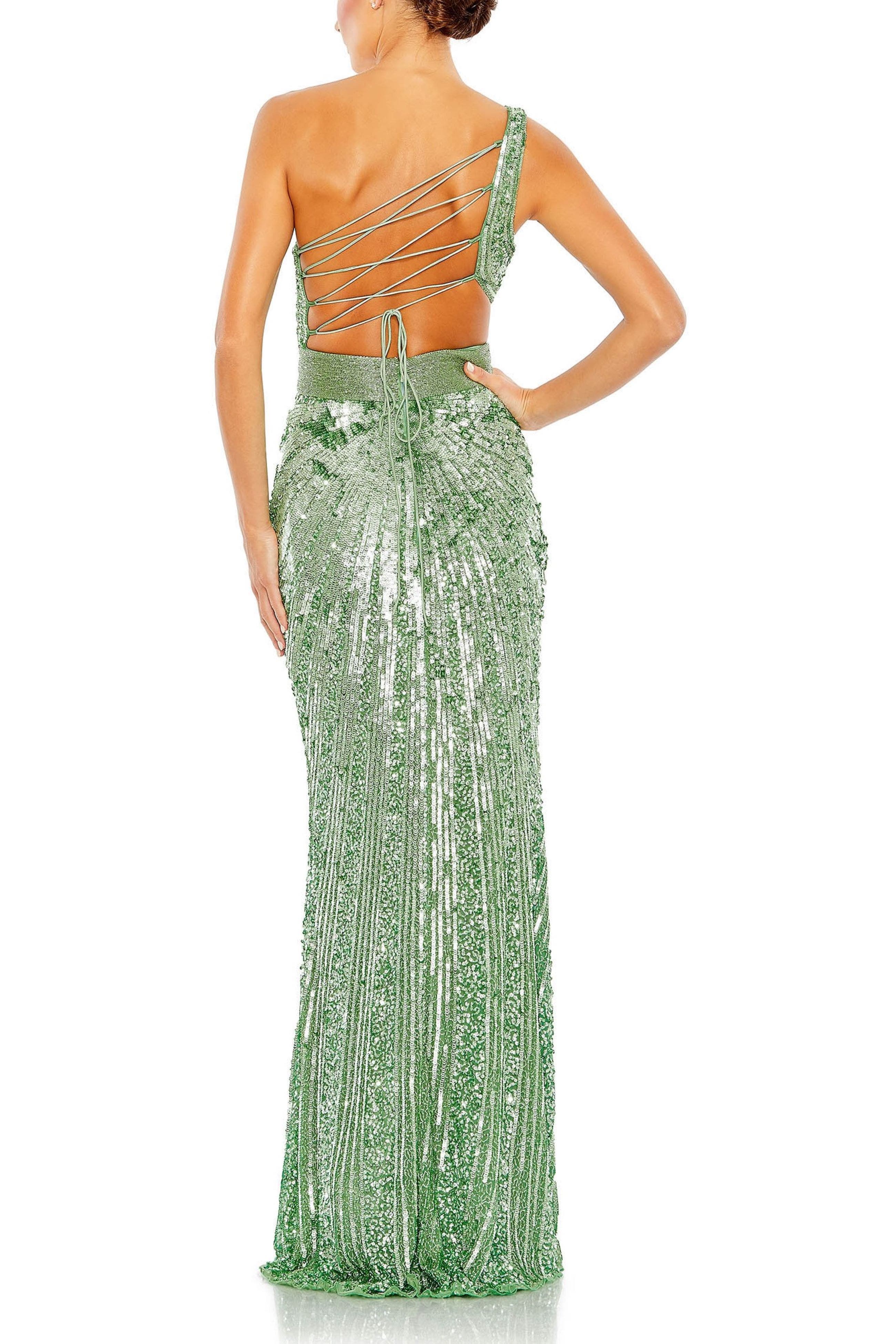 Sequined One Shoulder Draped Lace Up Gown - image 4