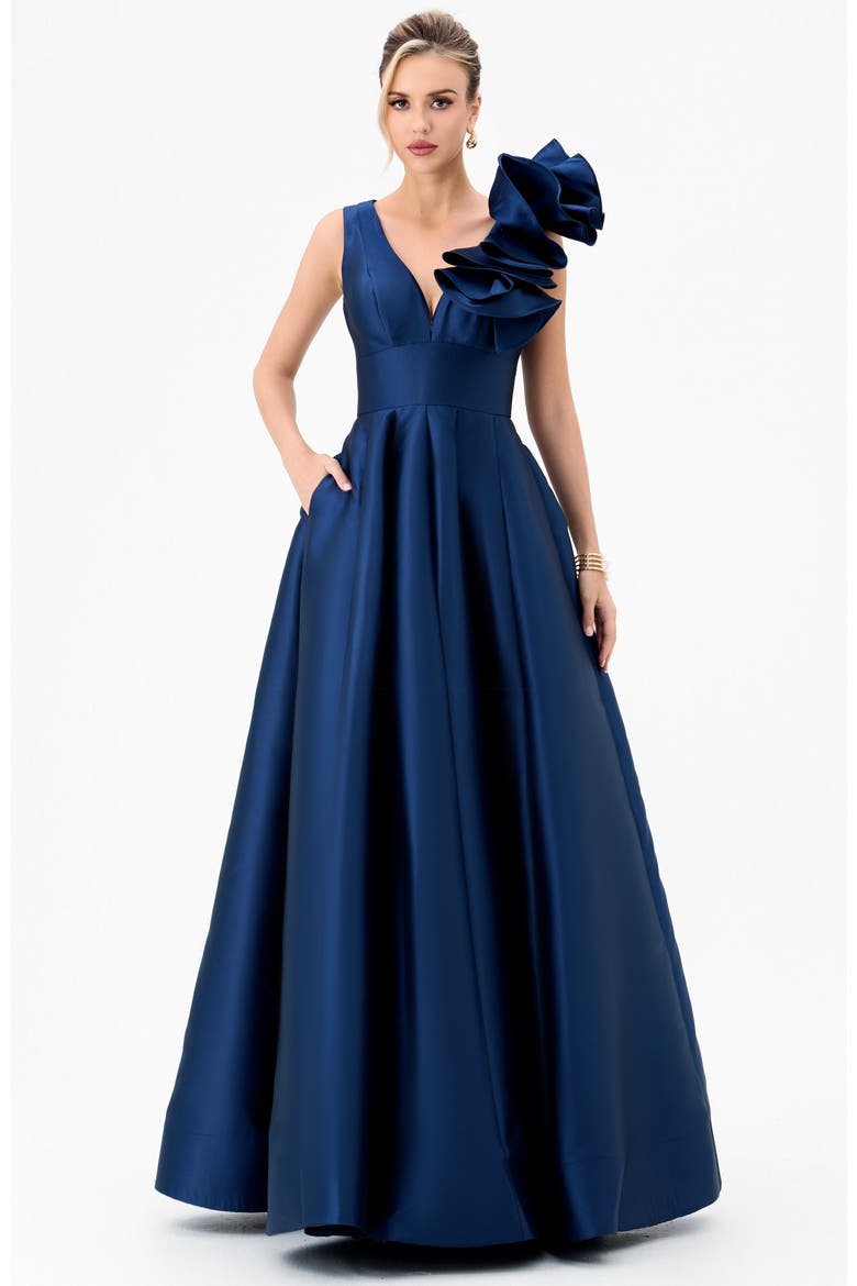 Mirella V Neck Ruffle Gown, Main, color, NAVY