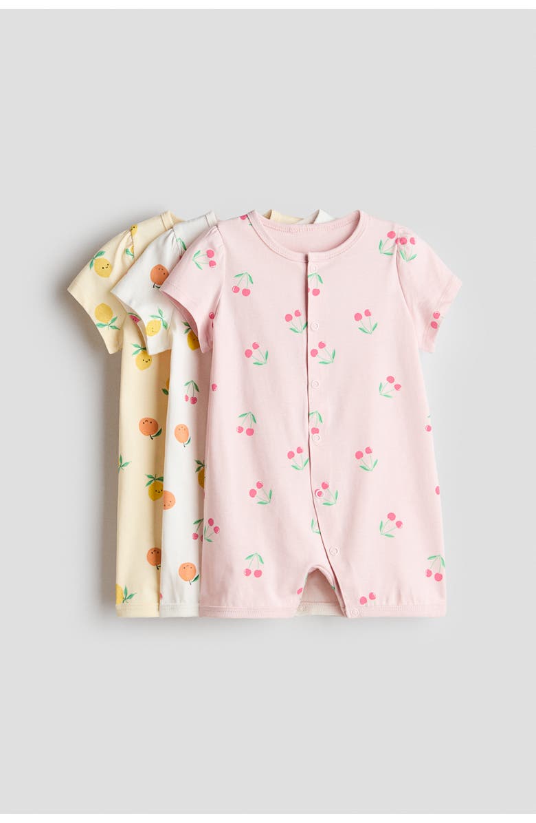 H&M 3-pack Short Cotton Sleepsuits, Main, color, Light Pink/Cherries