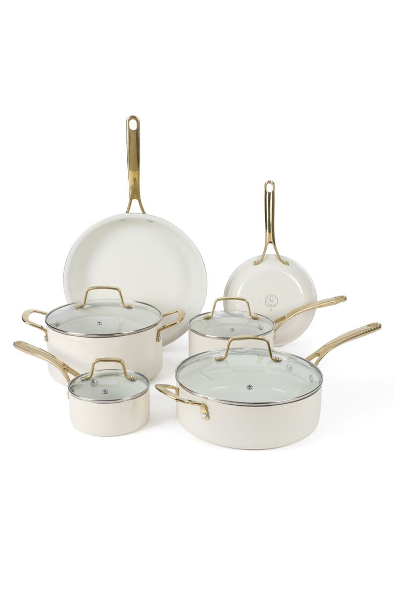 Lockton 10-Piece Ceramic Nonstick Cookware Set with Gold Handles, Induction Safe, Main, color, Linen White with Gold Handle