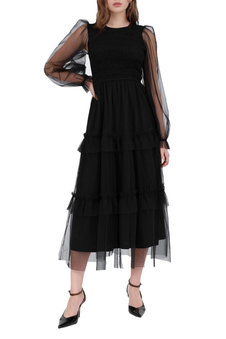 Long Sleeve Tulle Maxi Dress, Main, color, BLACK