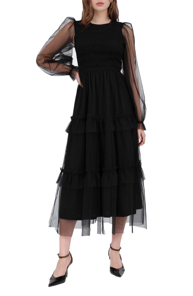 AUGUST SKY Long Sleeve Tulle Maxi Dress, Main, color,