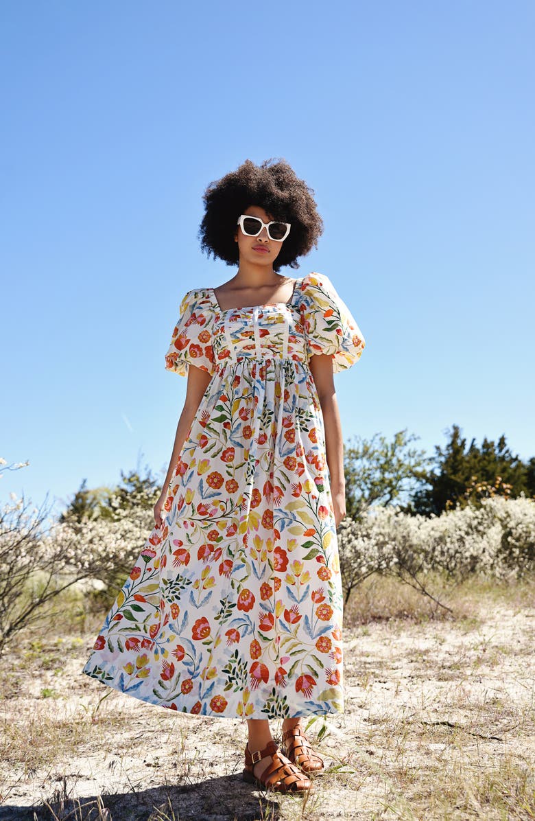 Jessie Zhao New York Flower Land Square Neck Cotton Midi Dress, Alternate, color,