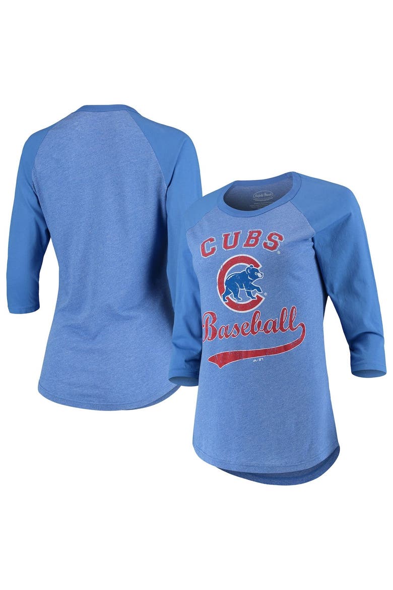 Women's Majestic Threads Royal Chicago Cubs Team Baseball Three-Quarter Raglan Sleeve Tri-Blend T-Shirt, Main, color, Royal