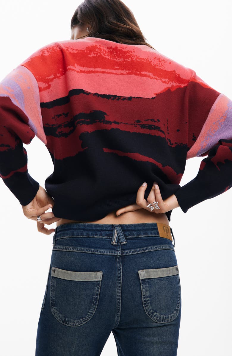 Desigual Karla Print Crop Sweater, Alternate, color, Black