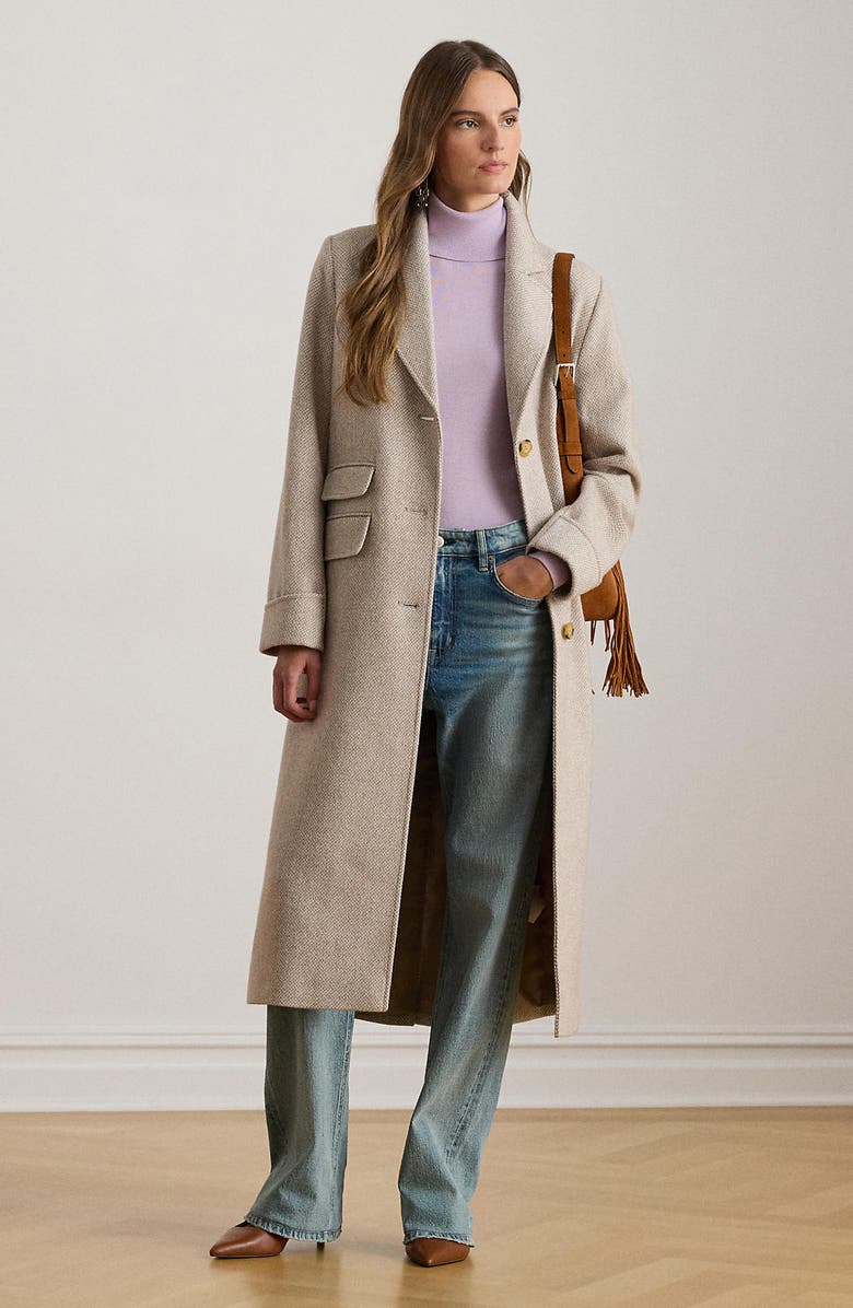 Lauren Ralph Lauren Longline Herringbone Wool Blend Reefer Coat, Alternate, color, Truffle Broken Twill