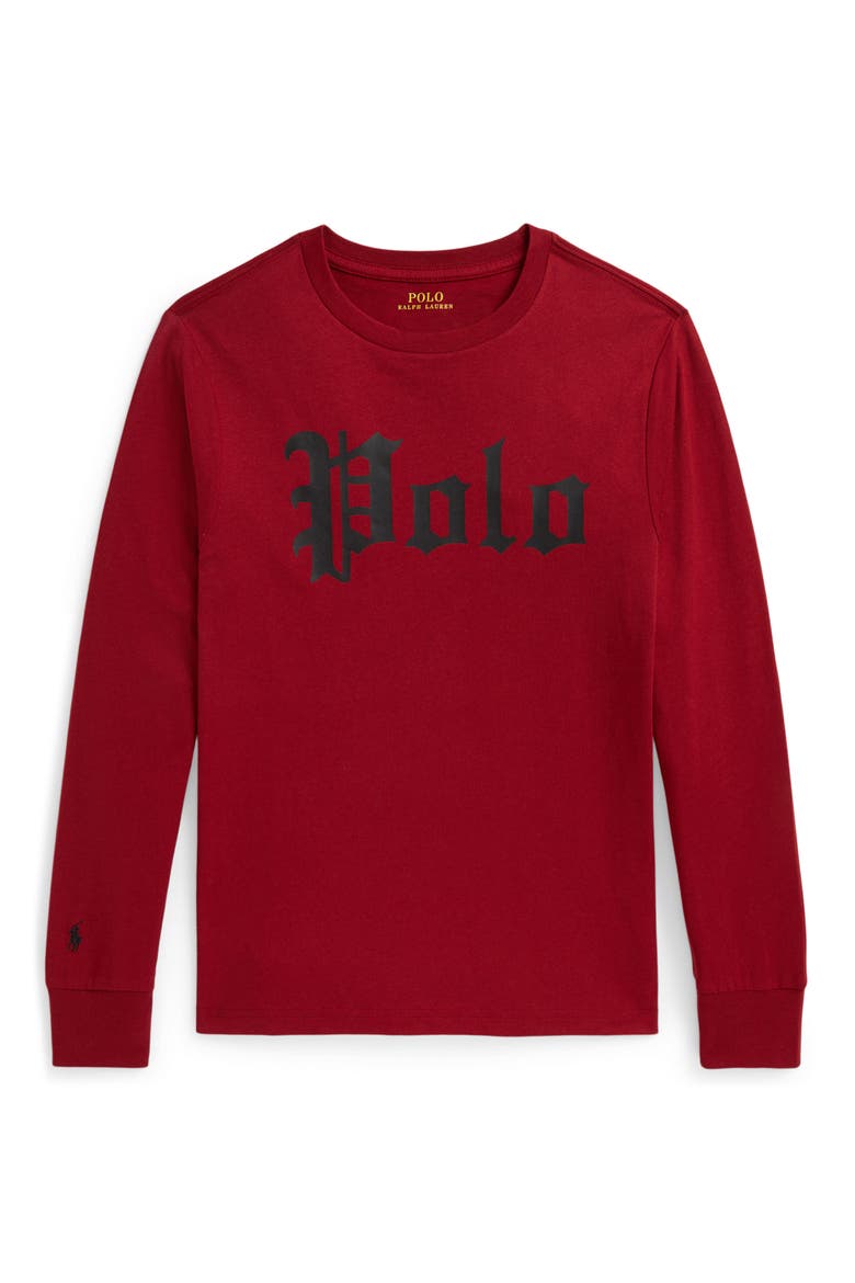 Kids' Logo Cotton Long Sleeve T-Shirt, Main, color, EATON RED