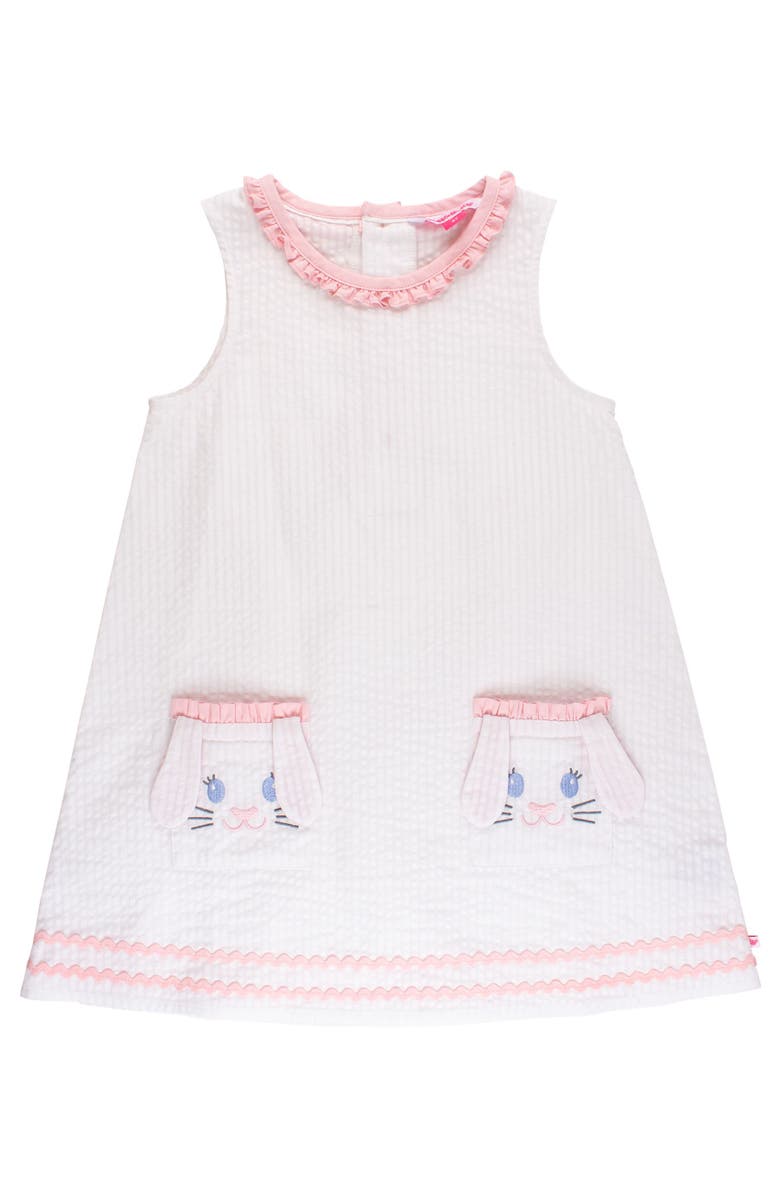 RuffleButts Seersucker Ruffle Pocket Dress, Main, color, Pink Bunny Ears Seersucker