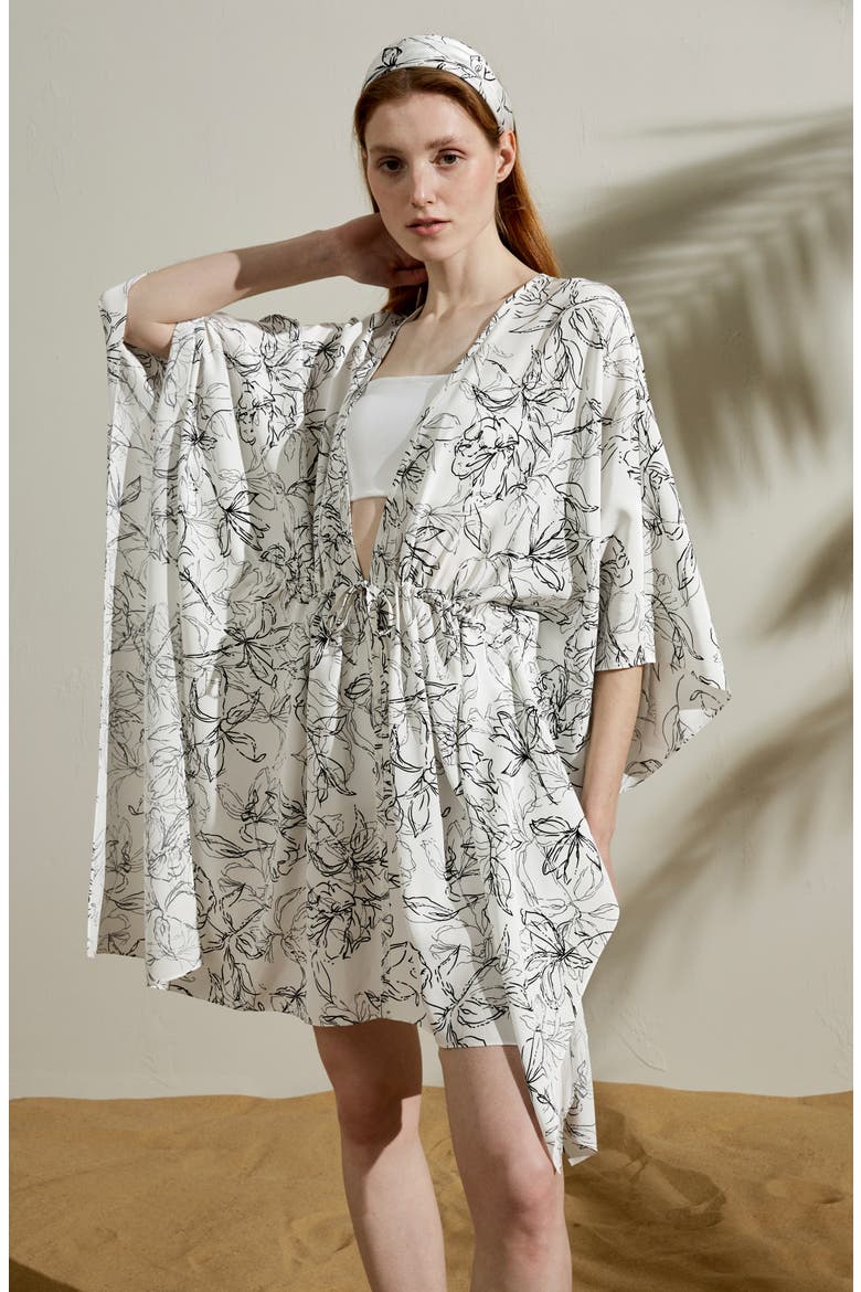 Women's Floral Sketch Silk Cardigan, Alternate, color, Black-White Floral Pattern