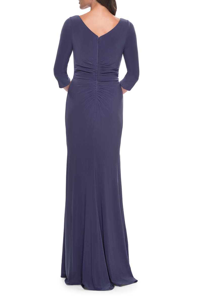 Chic Jersey Evening Dress with Ruching and Ruffle Skirt Detail, Alternate, color, Smoky Blue