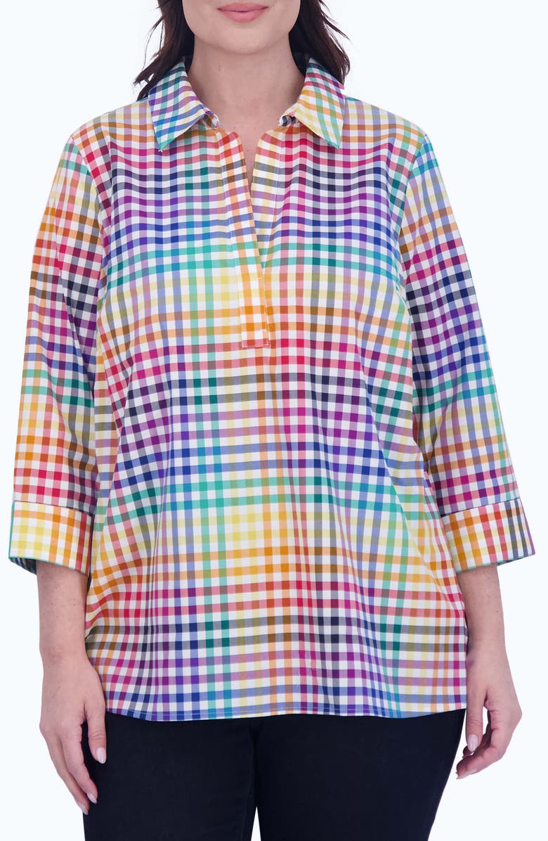 Foxcroft Sophia Rainbow Gingham Three-Quarter Sleeve Cotton Popover Shirt, Main, color, 