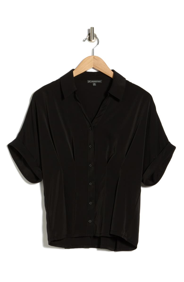 Adrianna Papell Pleated Waist Short Sleeve Button-Up Shirt, Alternate, color, Black