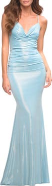 La Femme Metallic Jersey Long Dress with Draped Neckline and Train