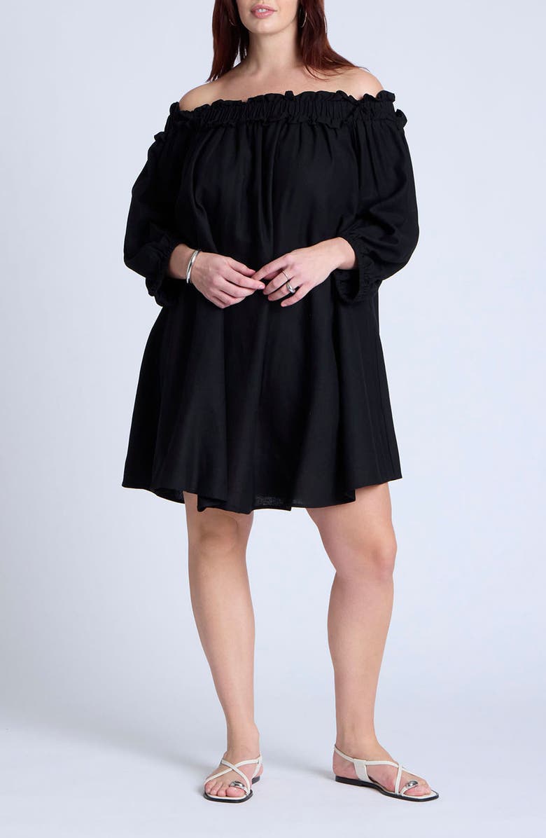 ELOQUII Ruffle Off the Shoulder Long Sleeve Linen Blend Minidress, Main, color, 