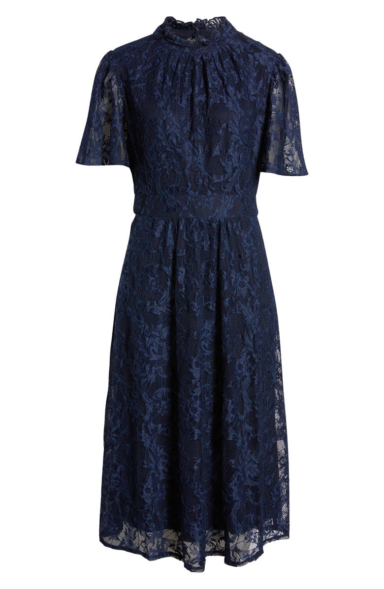 Julia Jordan Flutter Sleeve Lace Mock Neck Midi Dress, Alternate, color, Navy