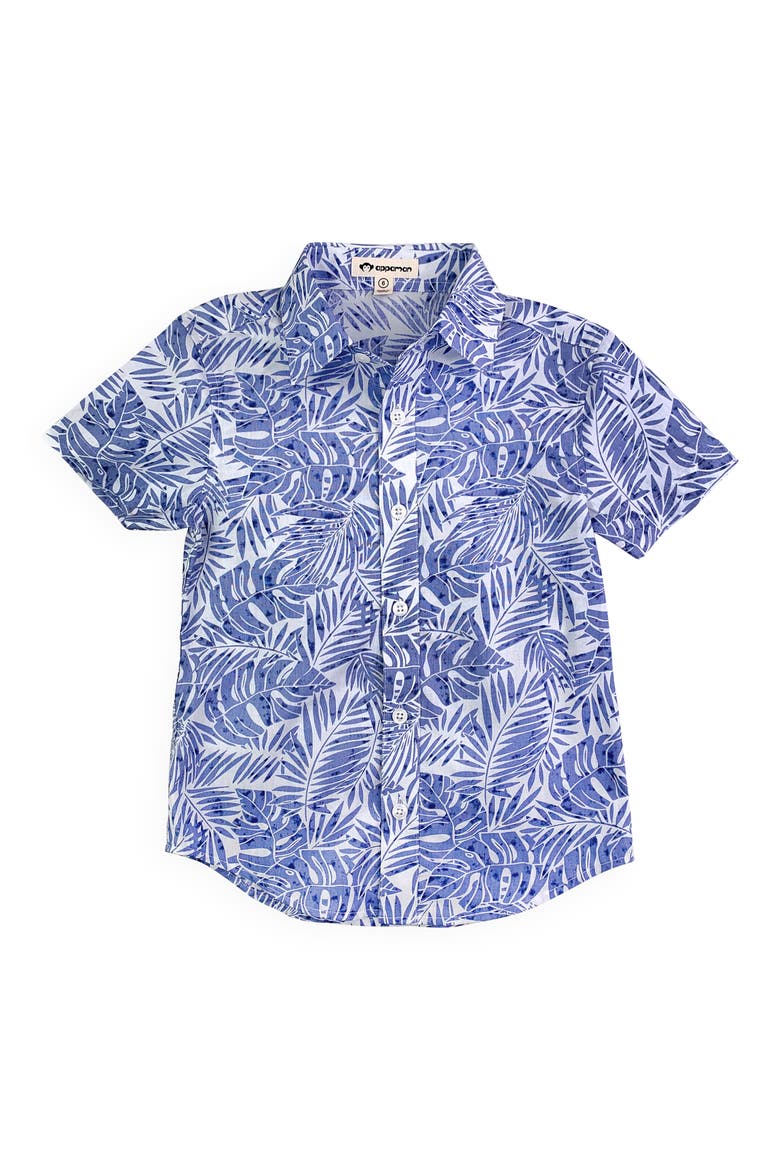 Kids' Day Party Cotton Button-Up Shirt, Main, color, BLUE PALMS